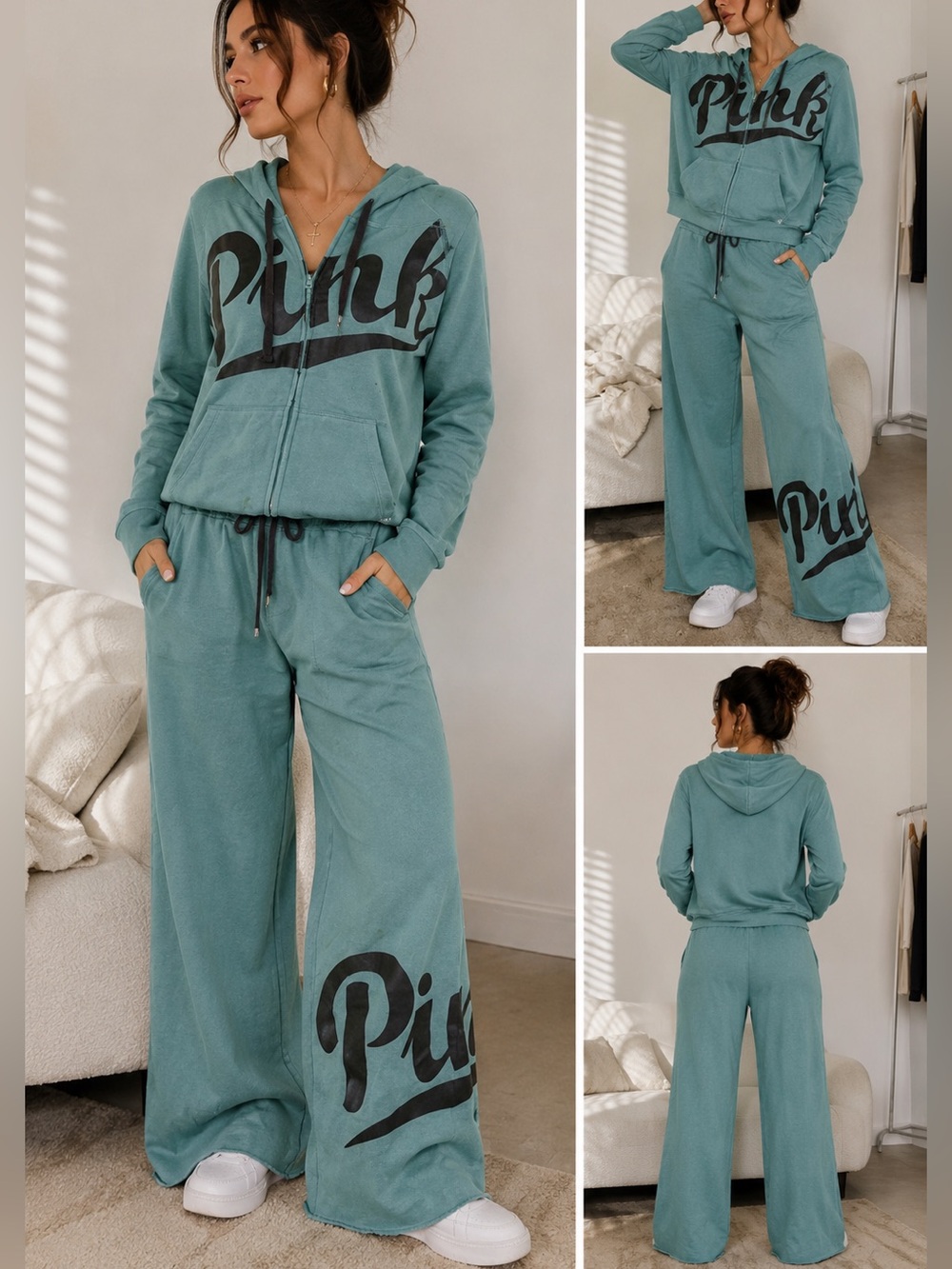 Victoria’s Secret PINK Teal Logo Hoodie & Wide Leg Sweatpants Set Y2K
